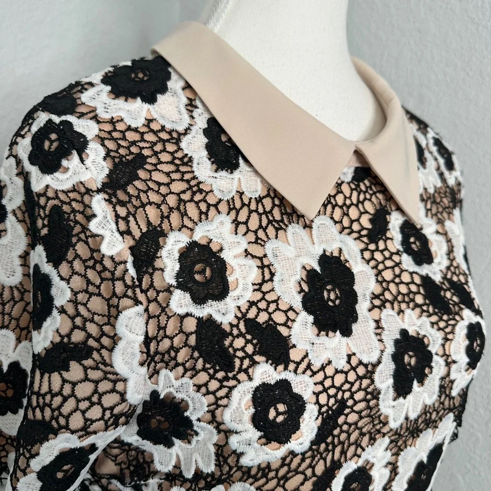 Just Me white black Floral Lace tiered Midi‎ Dress Beige Collar womens size med